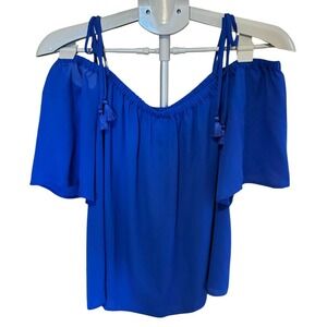 J. Crew Off Shoulder Tassel Blouse Royal Blue Womens 14 EUC Top Shirt adjustable